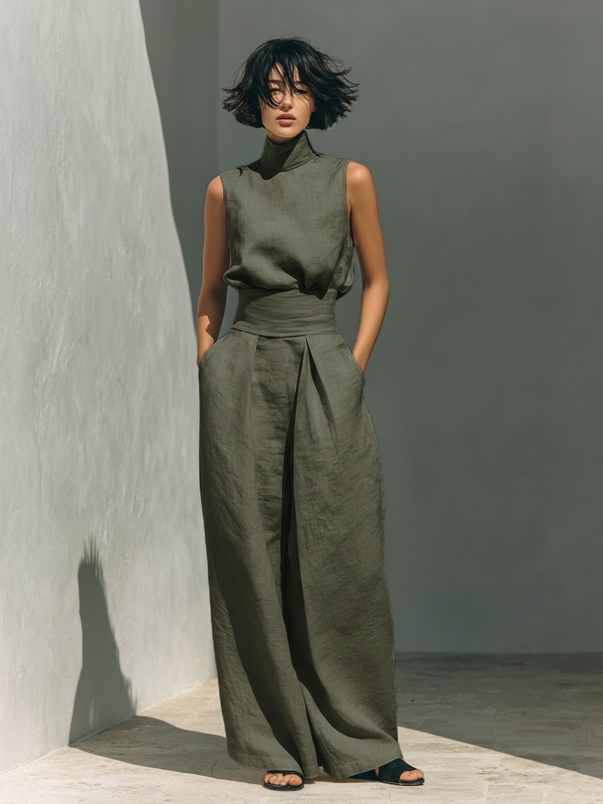 Women's Cotton-Linen High-Neck Sleeveless Blouse Wide-Leg Pants Set - Army Green