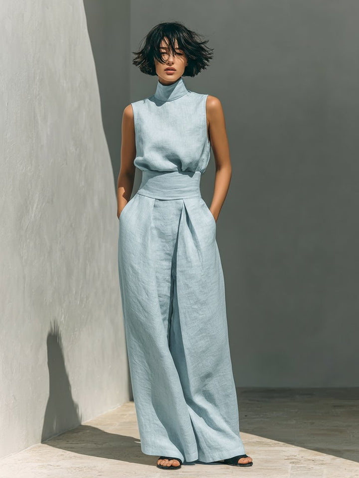Women's Cotton-Linen High-Neck Sleeveless Blouse Wide-Leg Pants Set - Light Blue