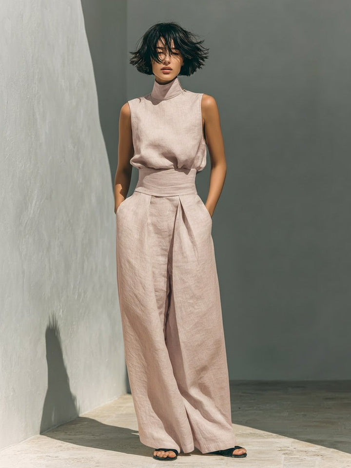 Women's Cotton-Linen High-Neck Sleeveless Blouse Wide-Leg Pants Set - Light Pink
