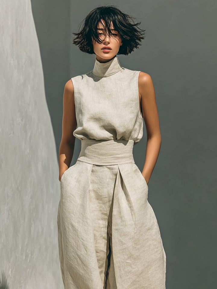 Women's Cotton-Linen High-Neck Sleeveless Blouse Wide-Leg Pants Set