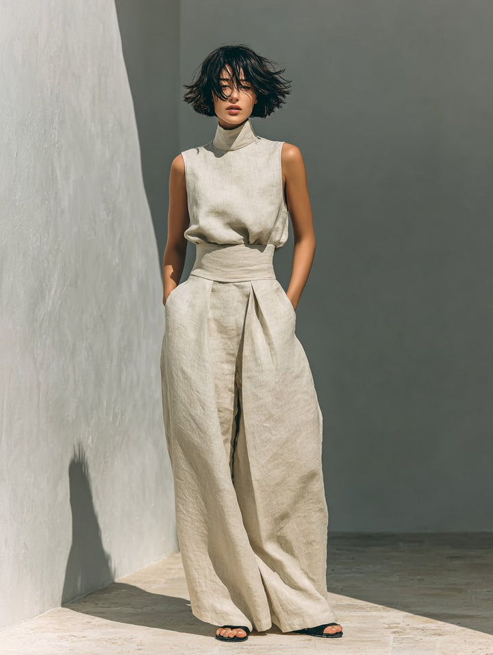 Women's Cotton-Linen High-Neck Sleeveless Blouse Wide-Leg Pants Set