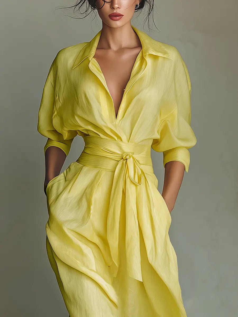 Women's Cotton-Linen Maxi Shirt Dress Deep V-Neck Tie Waist