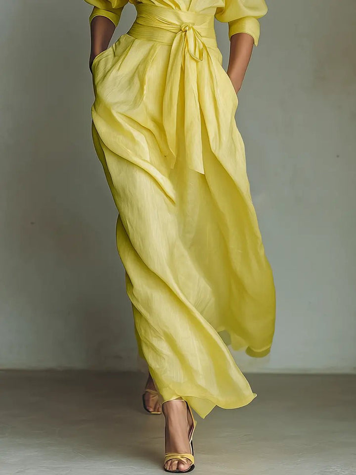 Women's Cotton-Linen Maxi Shirt Dress Deep V-Neck Tie Waist
