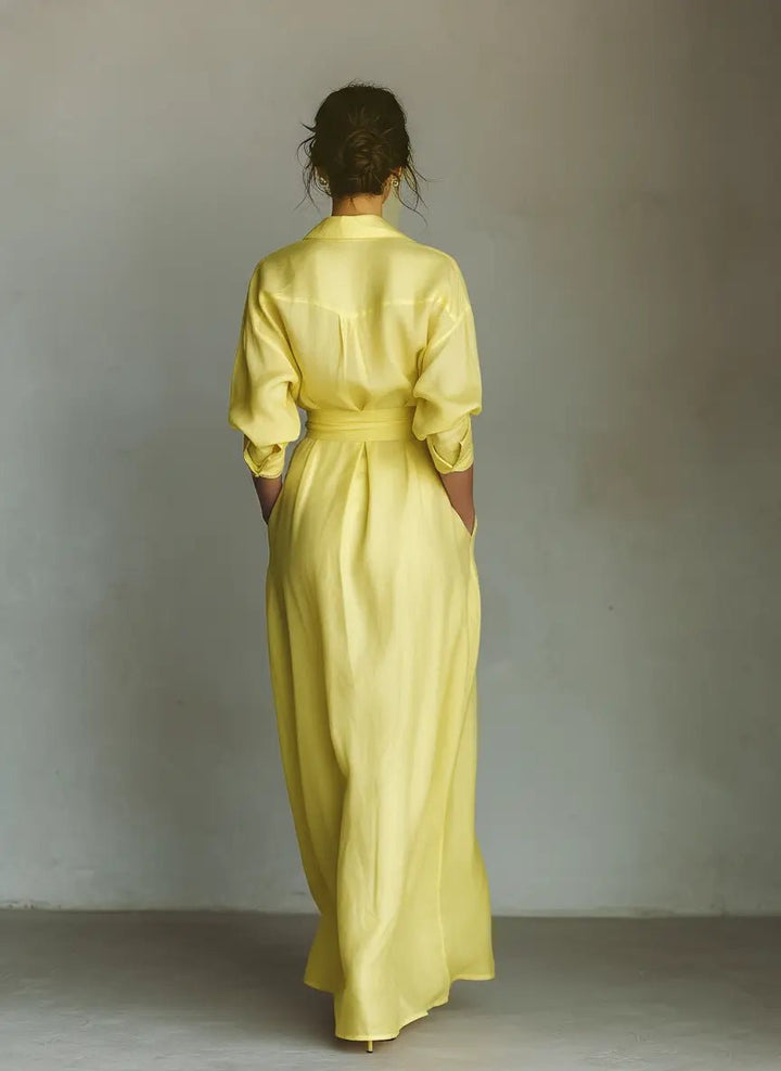 Women's Cotton-Linen Maxi Shirt Dress Deep V-Neck Tie Waist