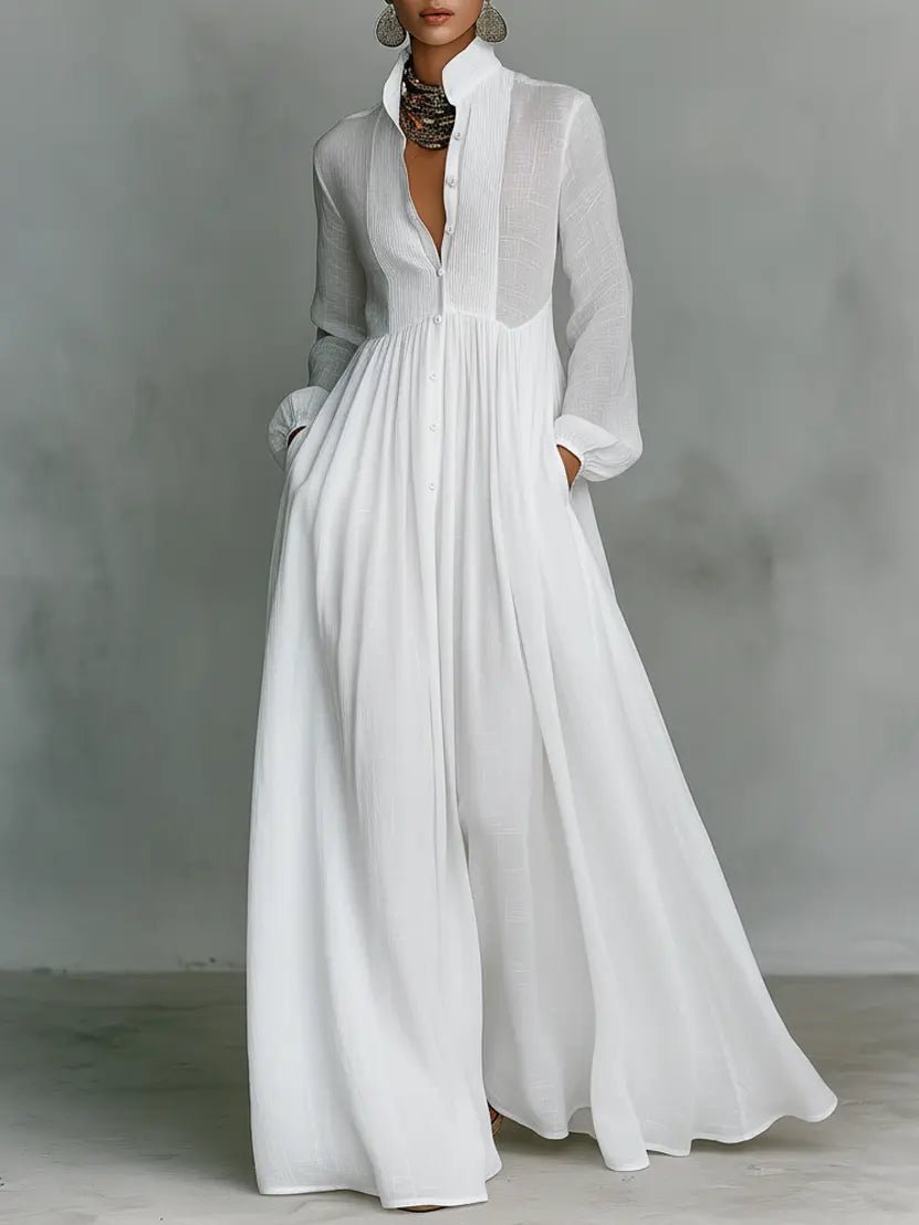 Women's Cotton-Linen Stand-Collar Button-Front Maxi Shirt Dress - White