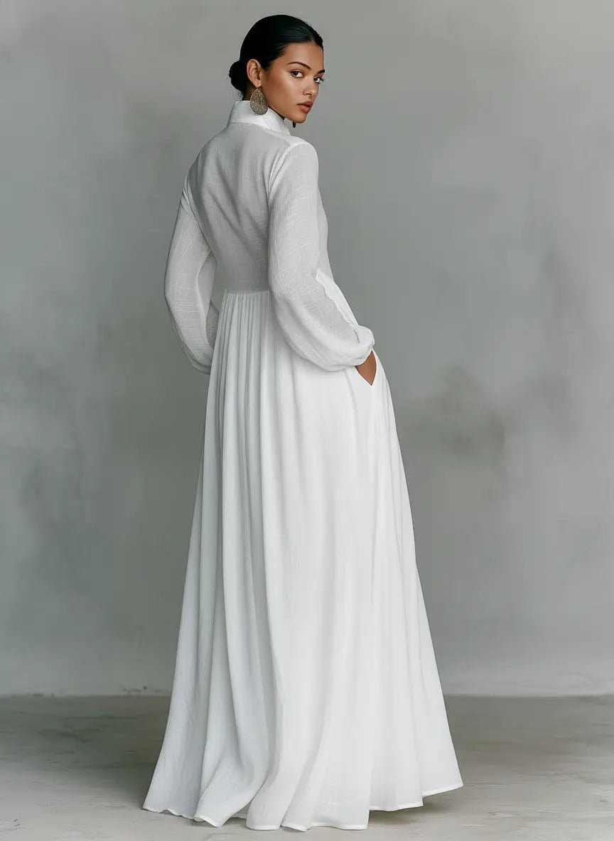 Women's Cotton-Linen Stand-Collar Button-Front Maxi Shirt Dress