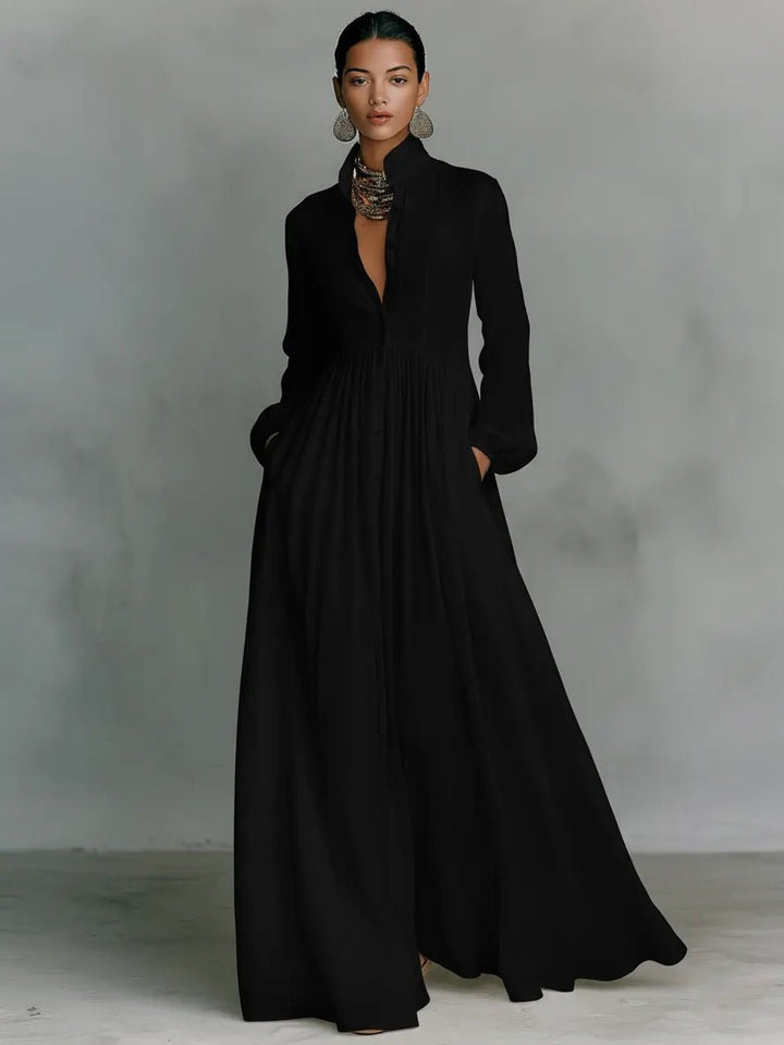 Women's Cotton-Linen Stand-Collar Button-Front Maxi Shirt Dress - Black