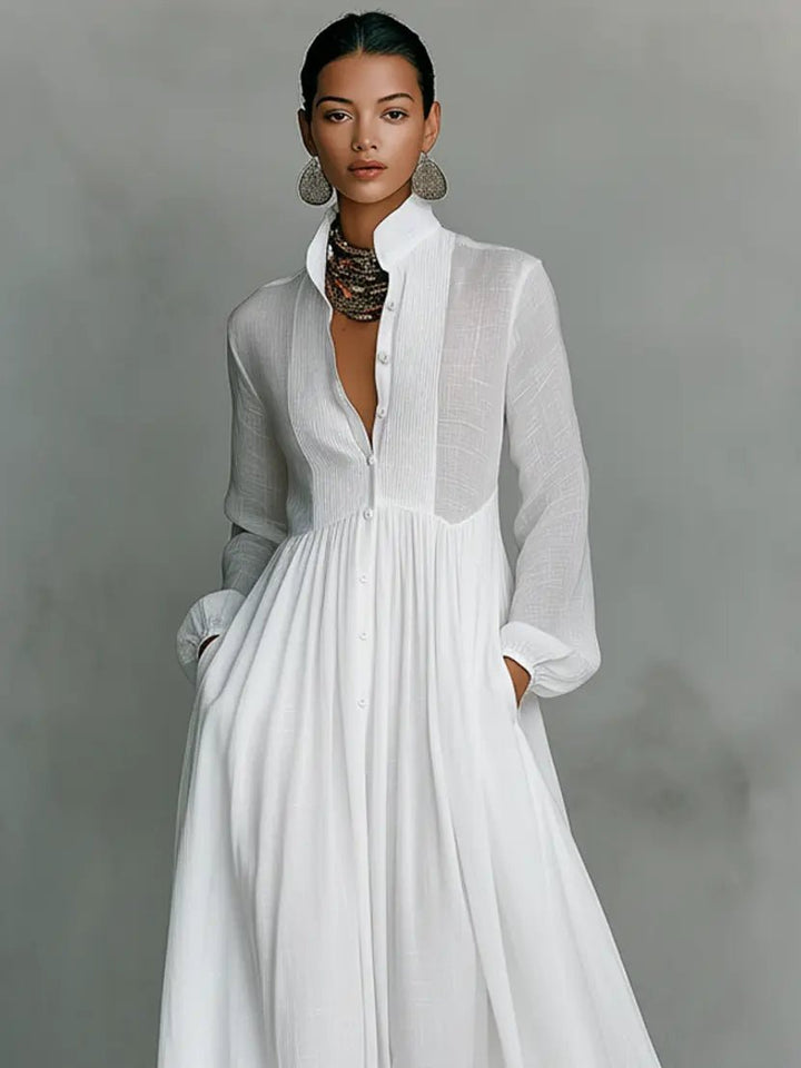 Women's Cotton-Linen Stand-Collar Button-Front Maxi Shirt Dress