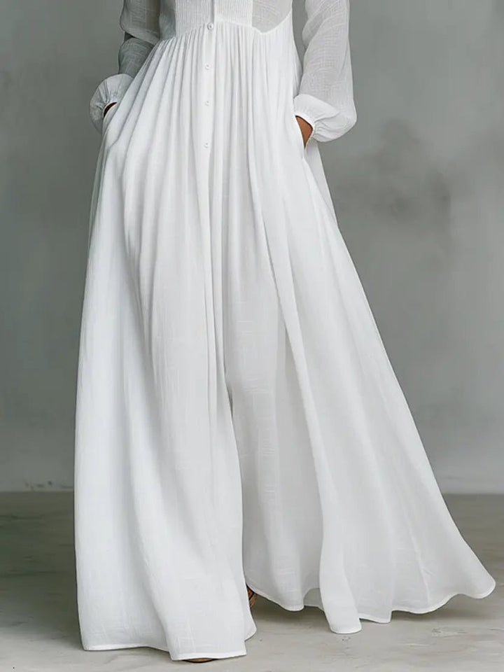Women's Cotton-Linen Stand-Collar Button-Front Maxi Shirt Dress