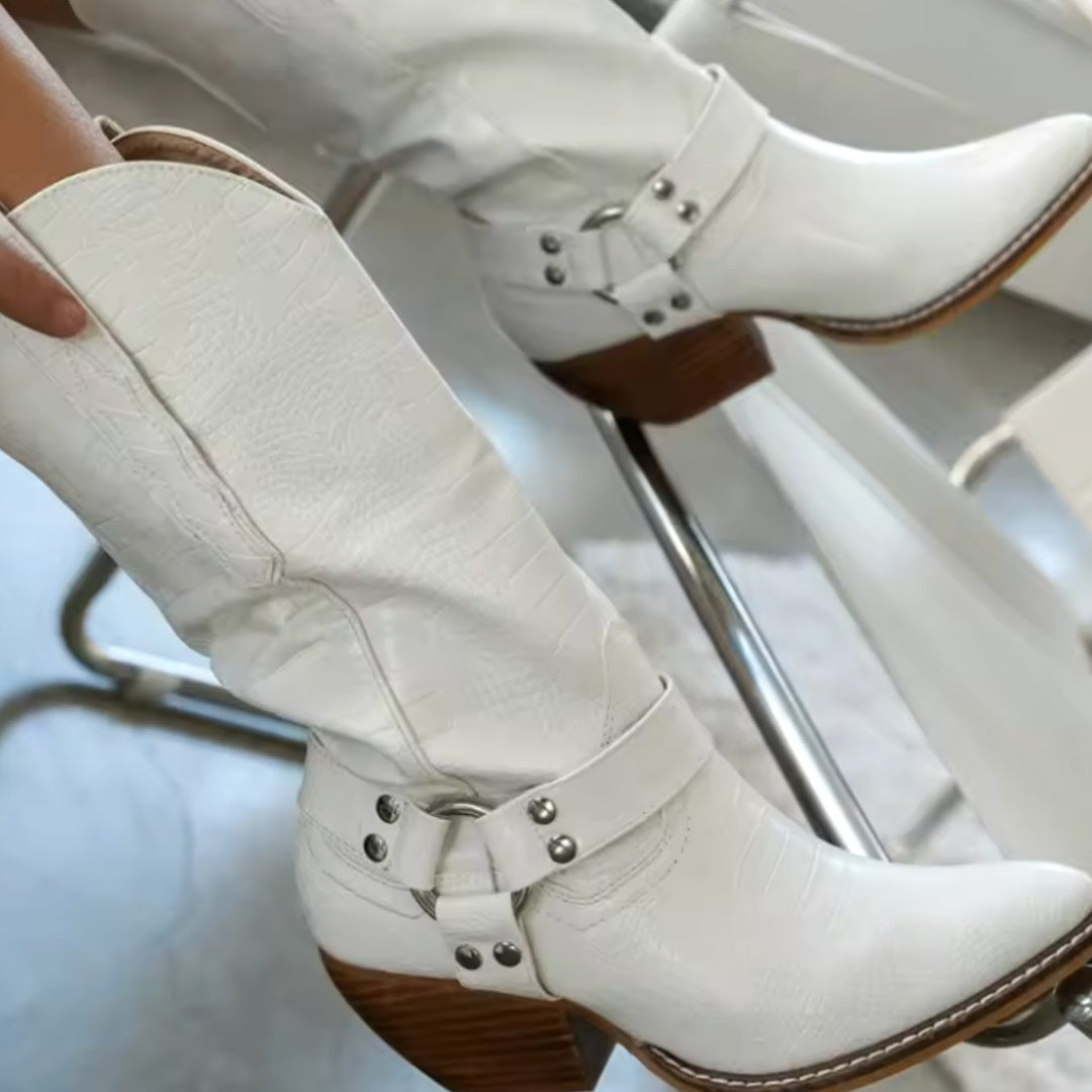 Women's Cow-Print Pointed-Toe Western Cowboy Block-Heel Boots - White
