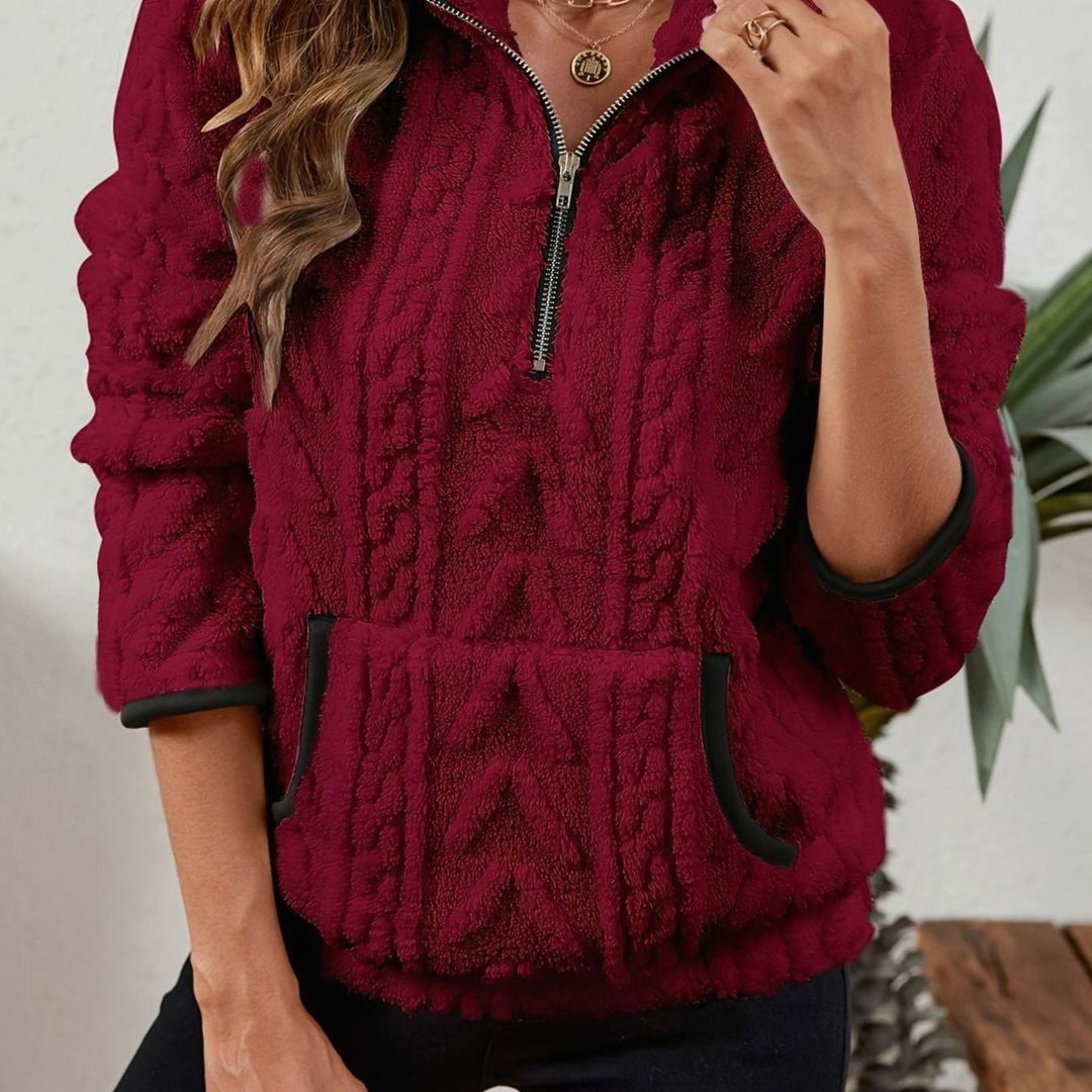 Women's Cozy Fleece Half-Zip Pullover Sweater Kangaroo Pocket - Burgundy
