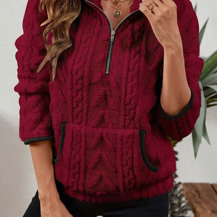 Women's Cozy Fleece Half-Zip Pullover Sweater Kangaroo Pocket - Burgundy