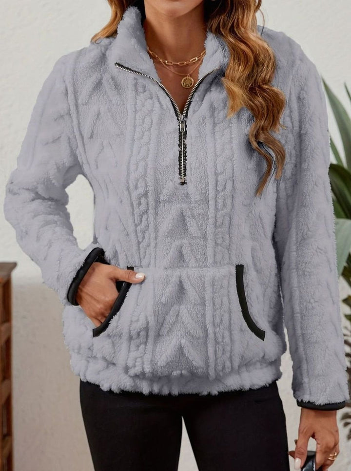 Women's Cozy Fleece Half-Zip Pullover Sweater Kangaroo Pocket
