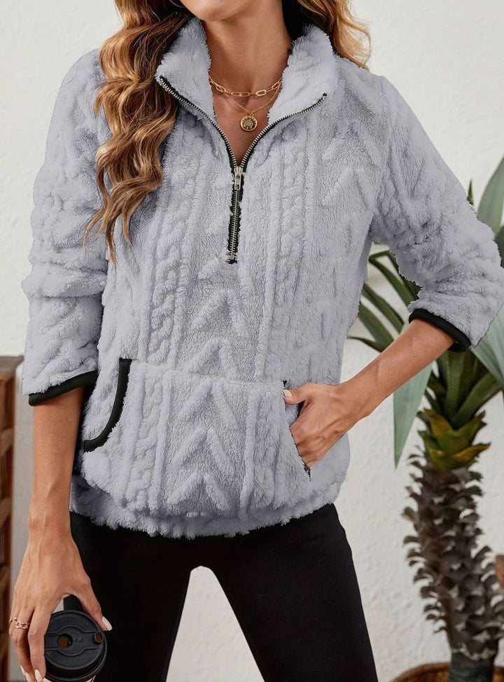 Women's Cozy Fleece Half-Zip Pullover Sweater Kangaroo Pocket