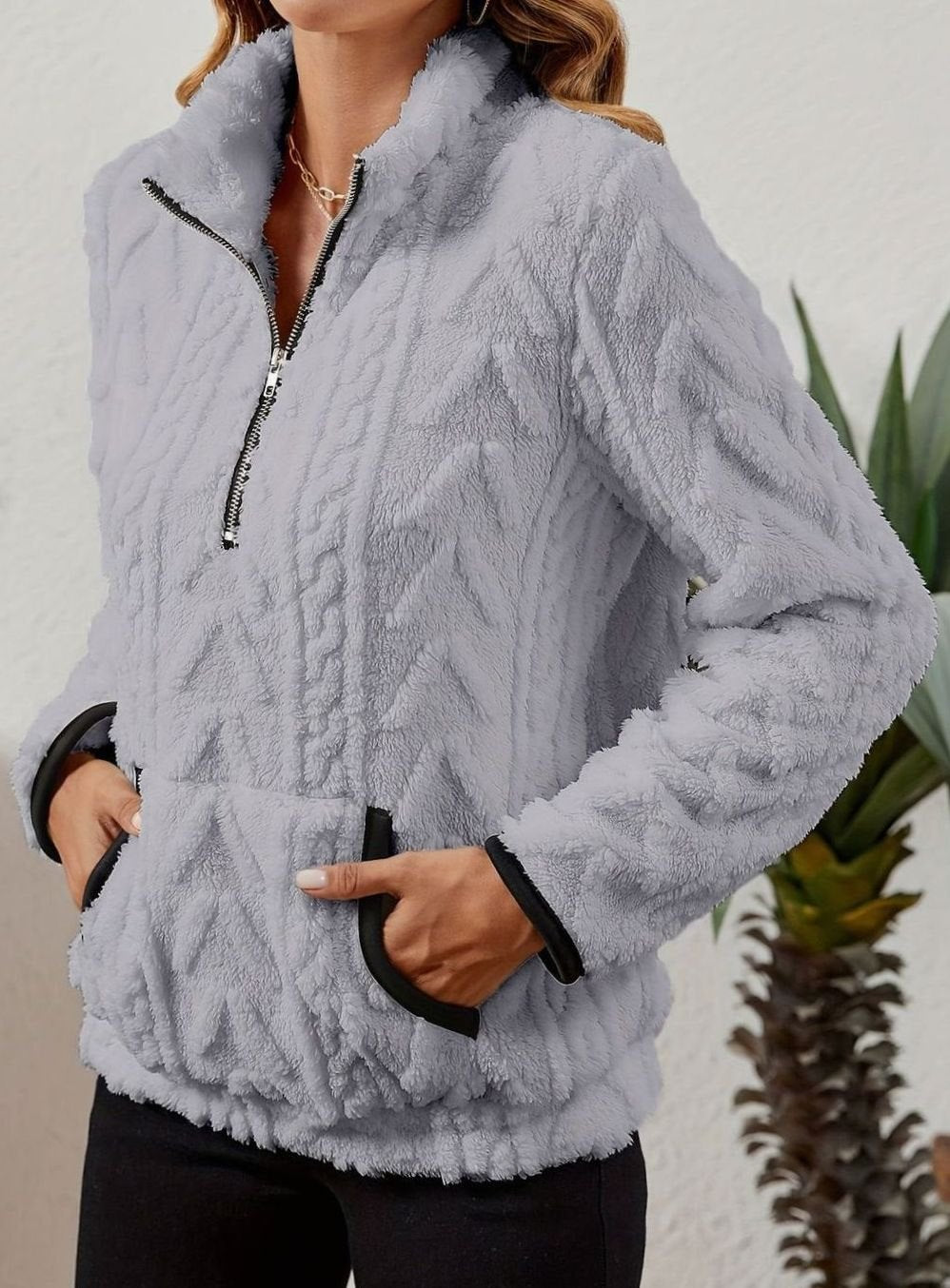 Women's Cozy Fleece Half-Zip Pullover Sweater Kangaroo Pocket