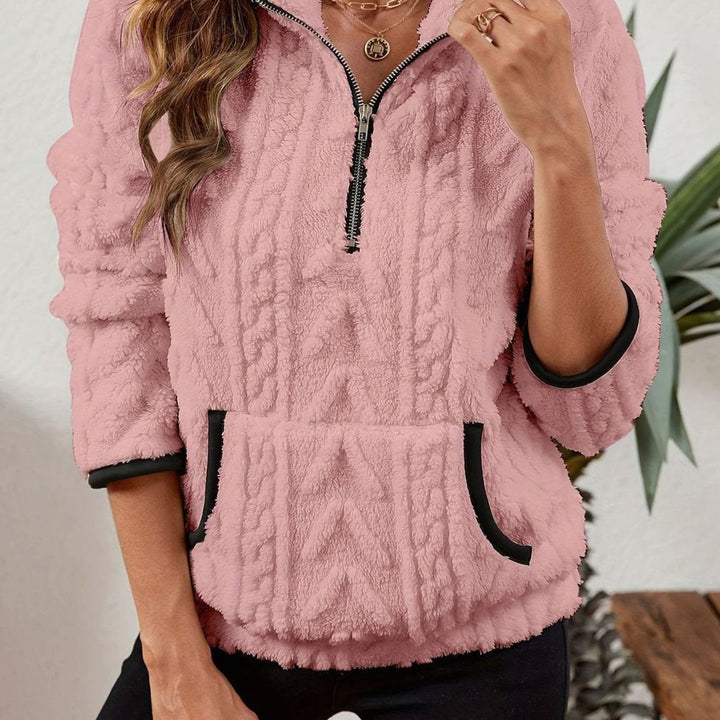 Women's Cozy Fleece Half-Zip Pullover Sweater Kangaroo Pocket - Pink