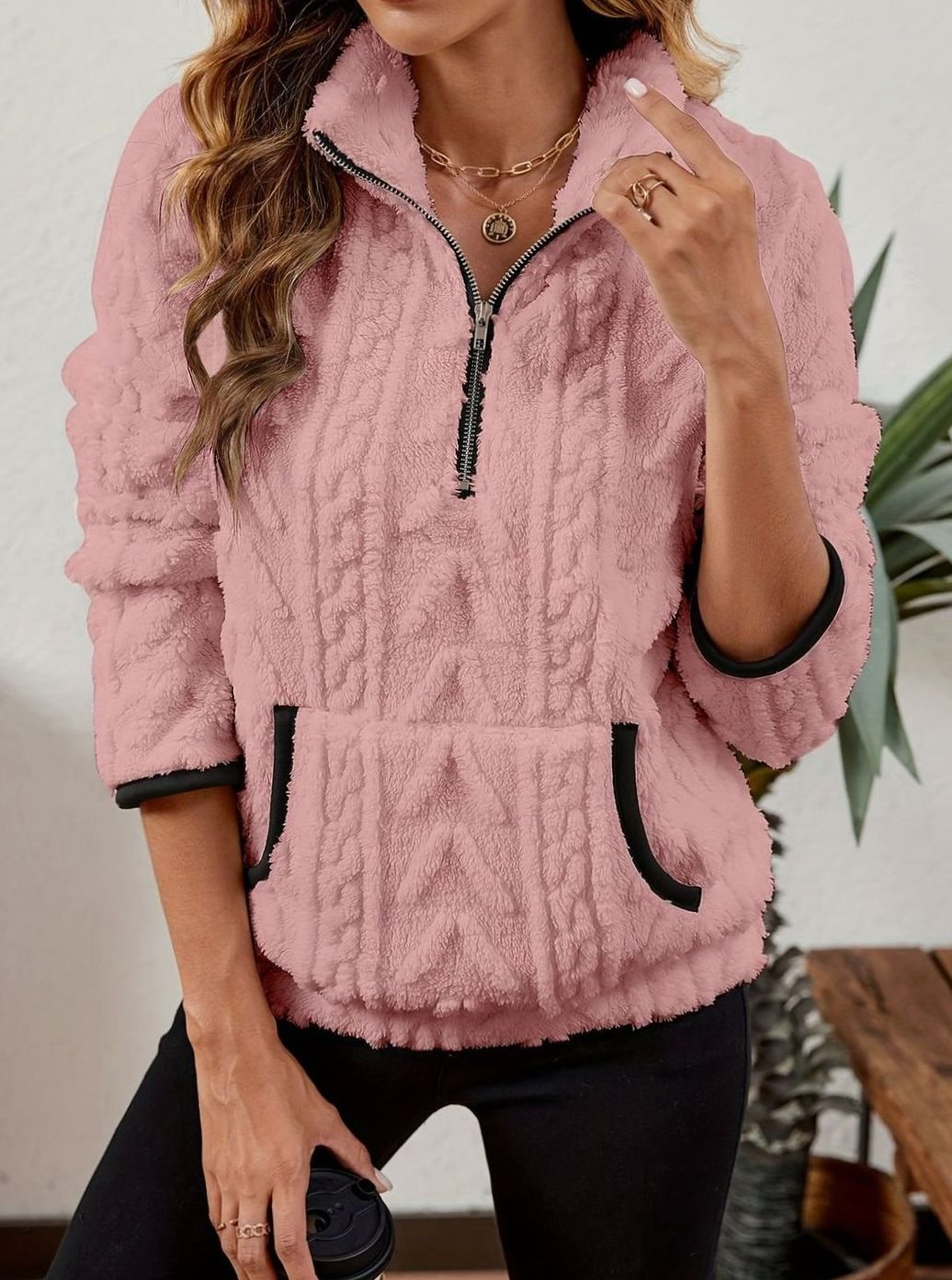 Women's Cozy Fleece Half-Zip Pullover Sweater Kangaroo Pocket