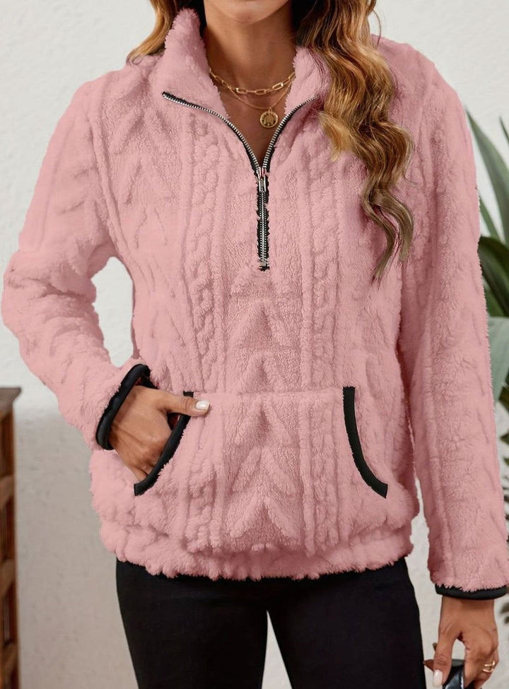 Women's Cozy Fleece Half-Zip Pullover Sweater Kangaroo Pocket