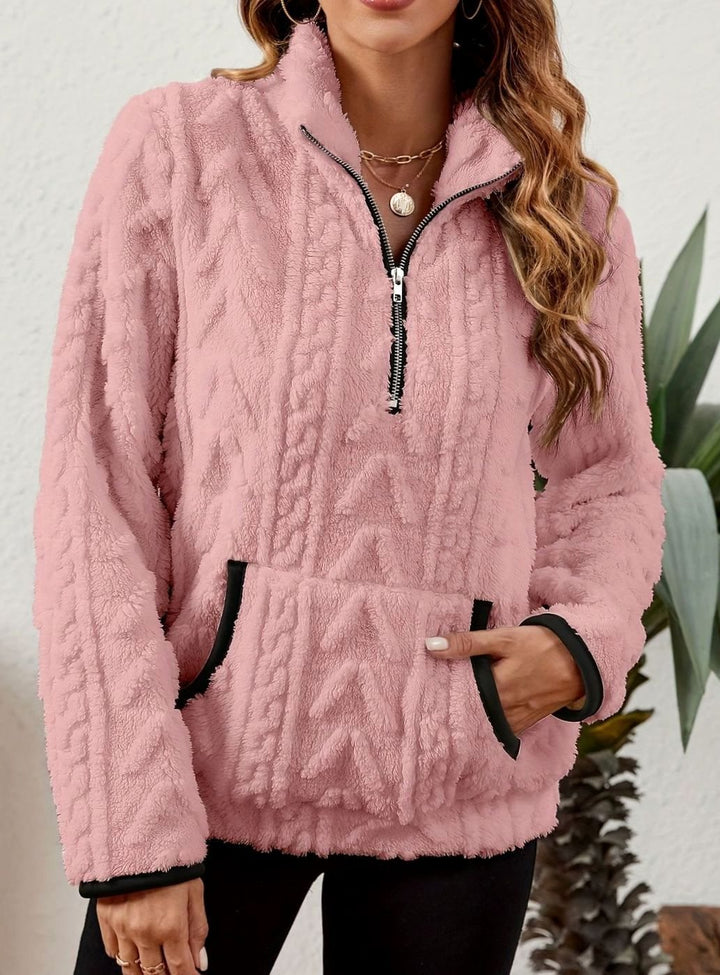 Women's Cozy Fleece Half-Zip Pullover Sweater Kangaroo Pocket