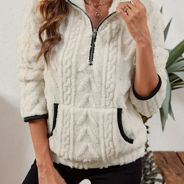 Women's Cozy Fleece Half-Zip Pullover Sweater Kangaroo Pocket - White