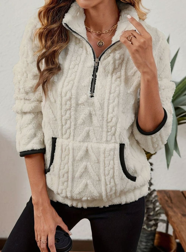 Women's Cozy Fleece Half-Zip Pullover Sweater Kangaroo Pocket