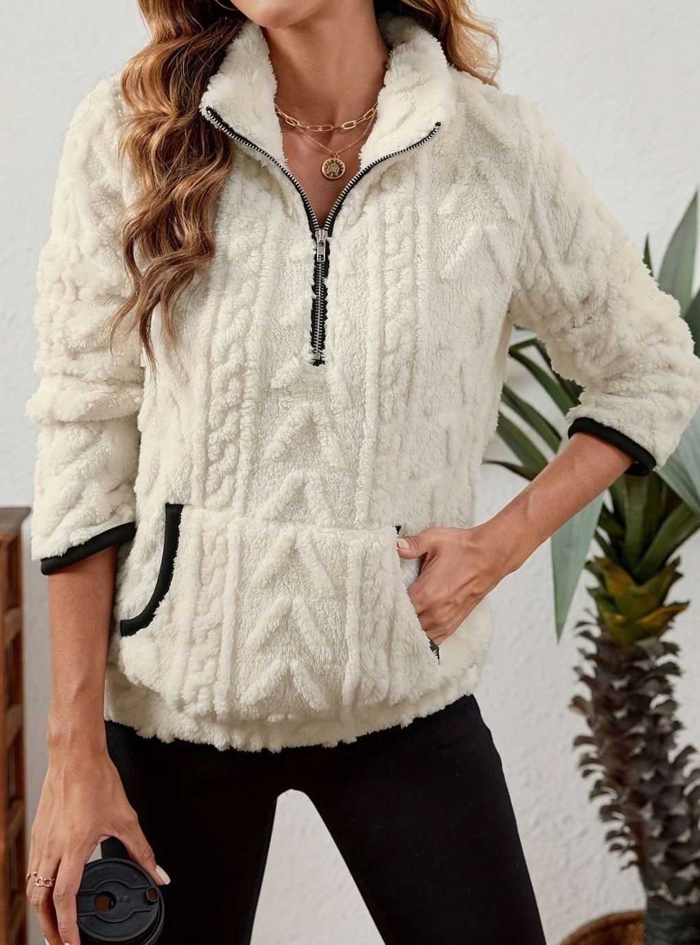 Women's Cozy Fleece Half-Zip Pullover Sweater Kangaroo Pocket