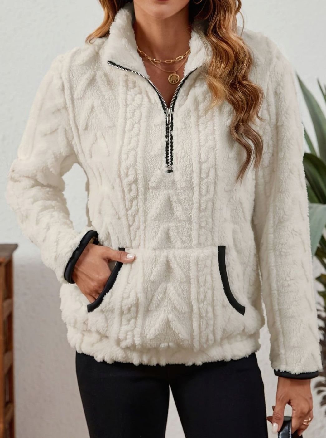 Women's Cozy Fleece Half-Zip Pullover Sweater Kangaroo Pocket