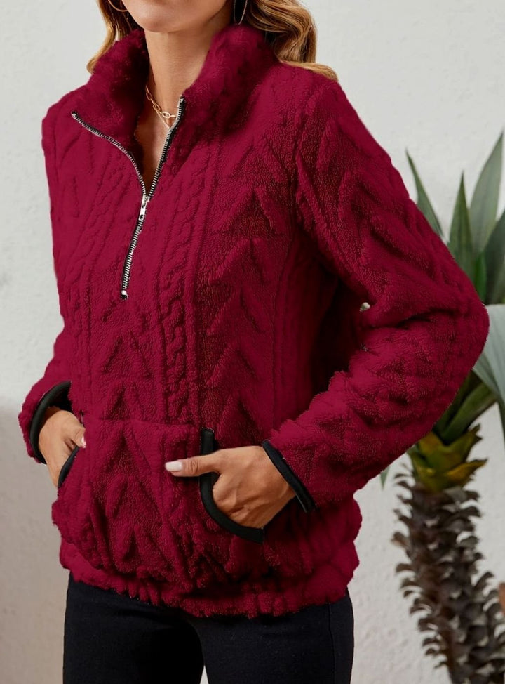Women's Cozy Fleece Half-Zip Pullover Sweater Kangaroo Pocket