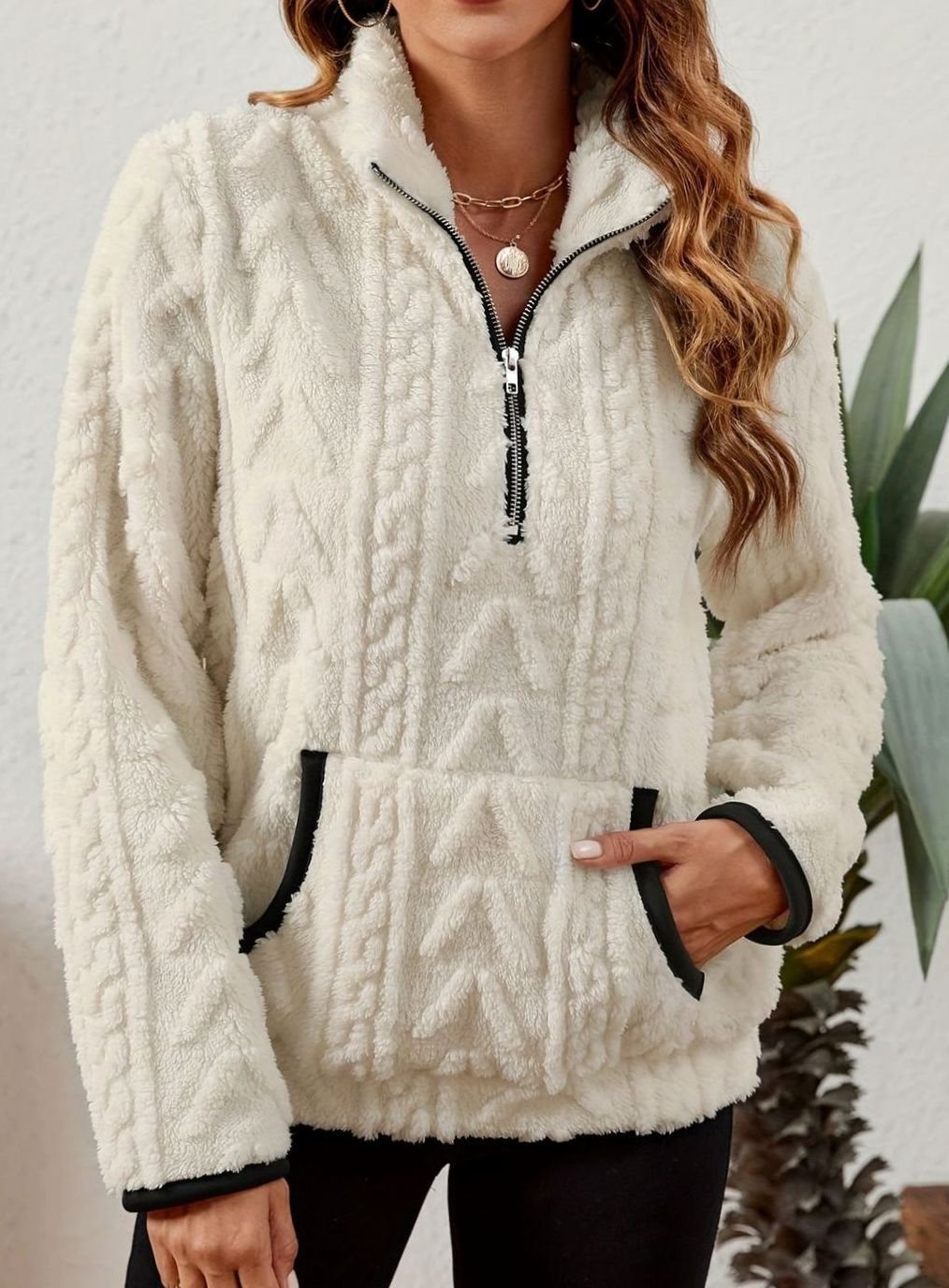 Women's Cozy Fleece Half-Zip Pullover Sweater Kangaroo Pocket