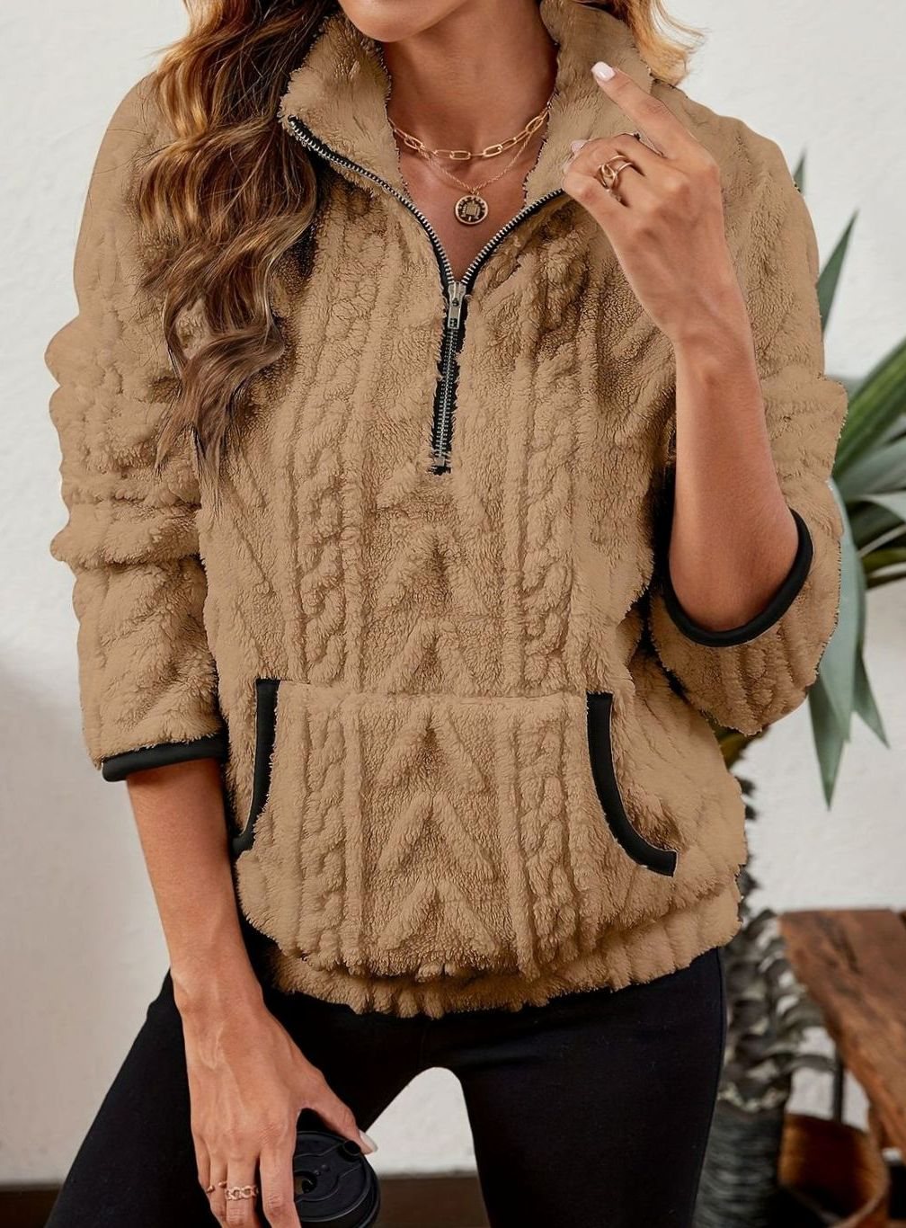 Women's Cozy Fleece Half-Zip Pullover Sweater Kangaroo Pocket