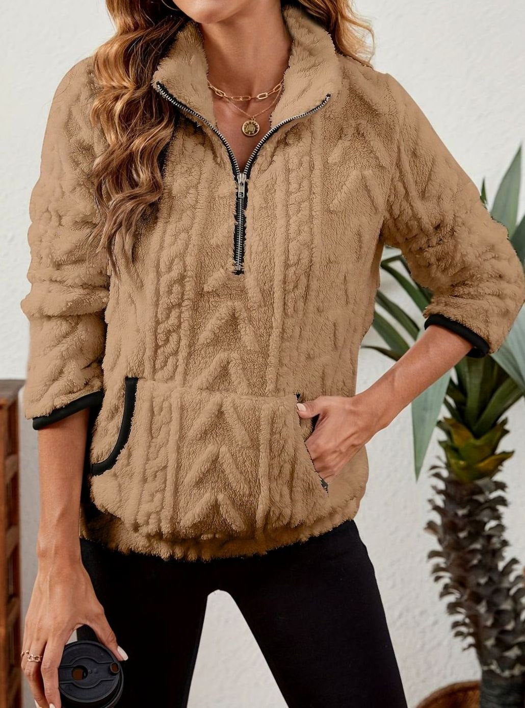 Women's Cozy Fleece Half-Zip Pullover Sweater Kangaroo Pocket