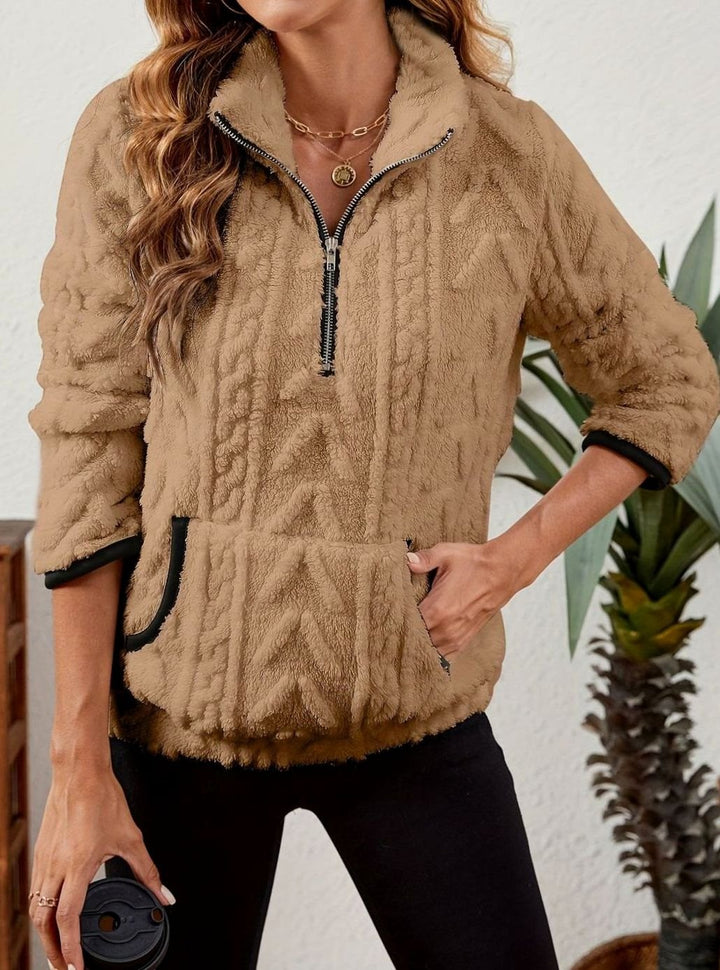 Women's Cozy Fleece Half-Zip Pullover Sweater Kangaroo Pocket