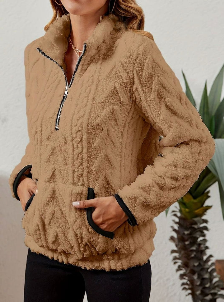 Women's Cozy Fleece Half-Zip Pullover Sweater Kangaroo Pocket