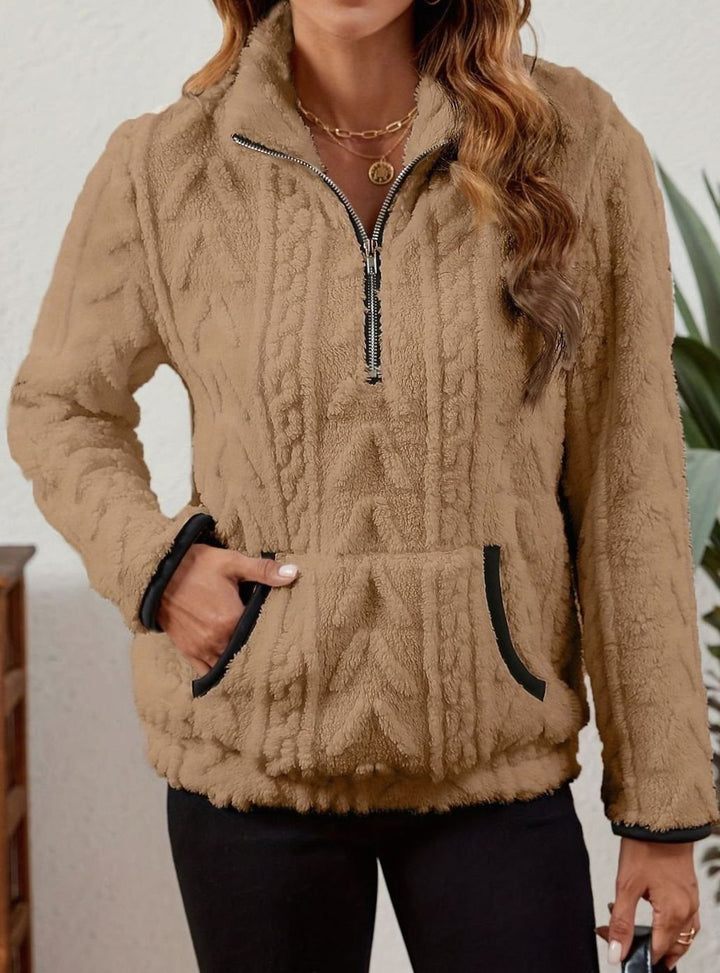 Women's Cozy Fleece Half-Zip Pullover Sweater Kangaroo Pocket