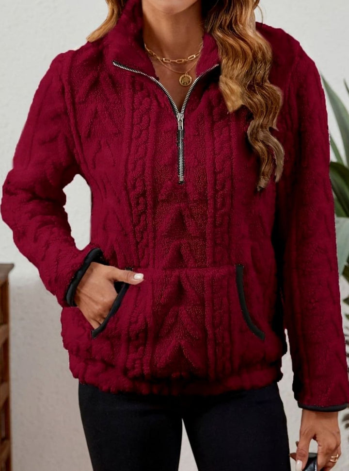 Women's Cozy Fleece Half-Zip Pullover Sweater Kangaroo Pocket
