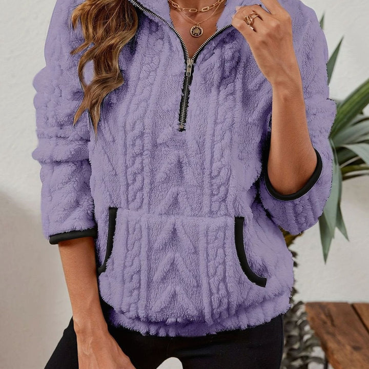 Women's Cozy Fleece Half-Zip Pullover Sweater Kangaroo Pocket - Purple