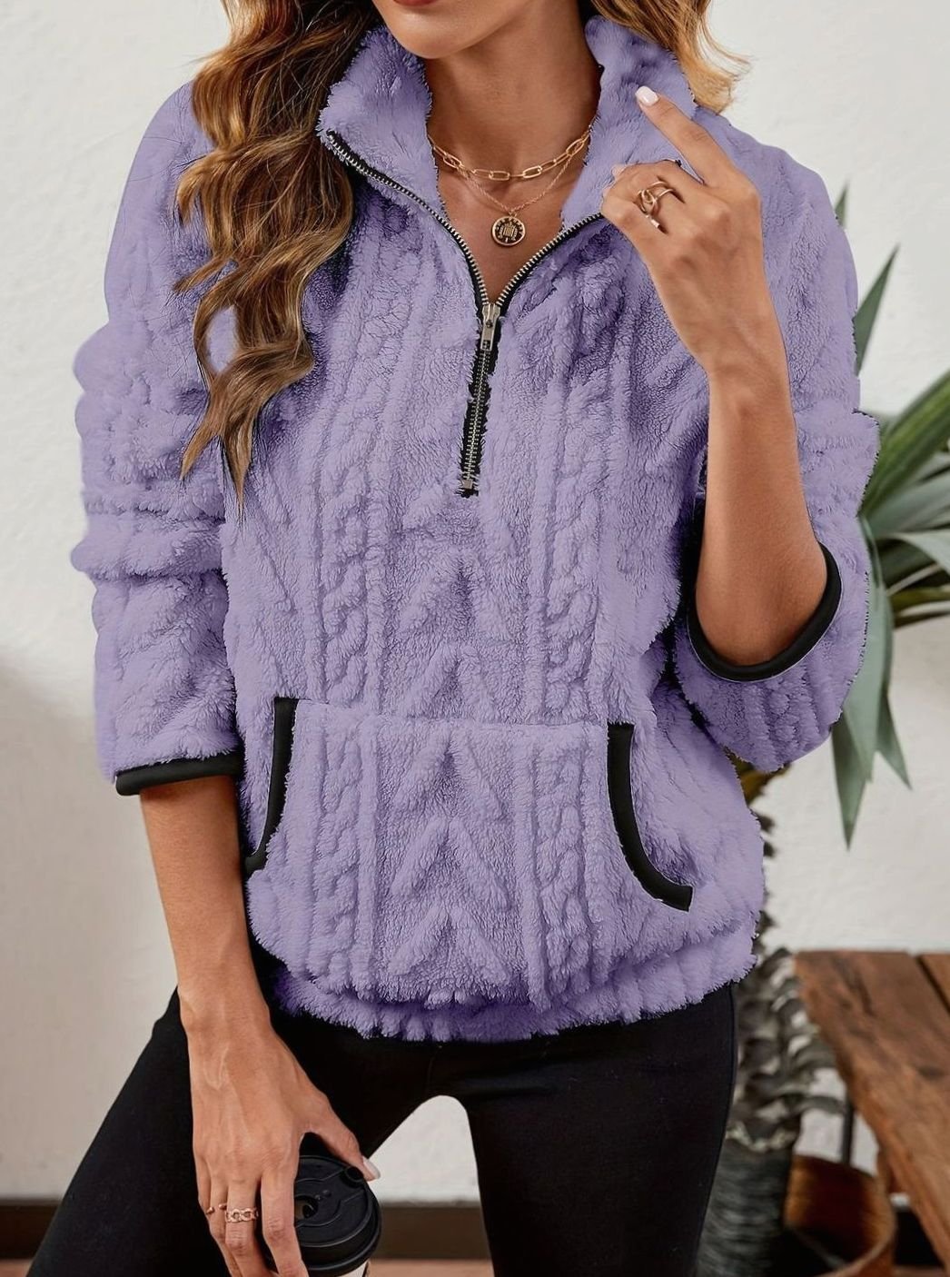 Women's Cozy Fleece Half-Zip Pullover Sweater Kangaroo Pocket