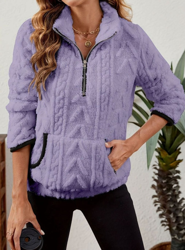 Women's Cozy Fleece Half-Zip Pullover Sweater Kangaroo Pocket