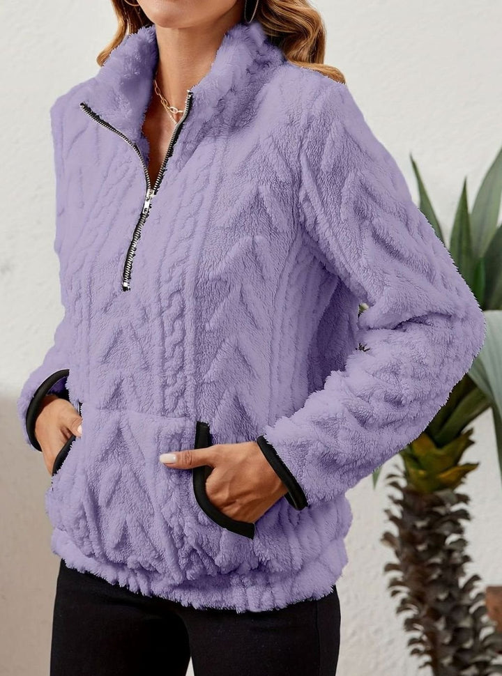 Women's Cozy Fleece Half-Zip Pullover Sweater Kangaroo Pocket