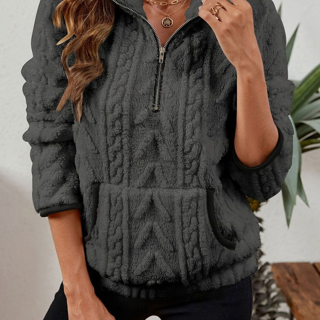 Women's Cozy Fleece Half-Zip Pullover Sweater Kangaroo Pocket - Dark Gray