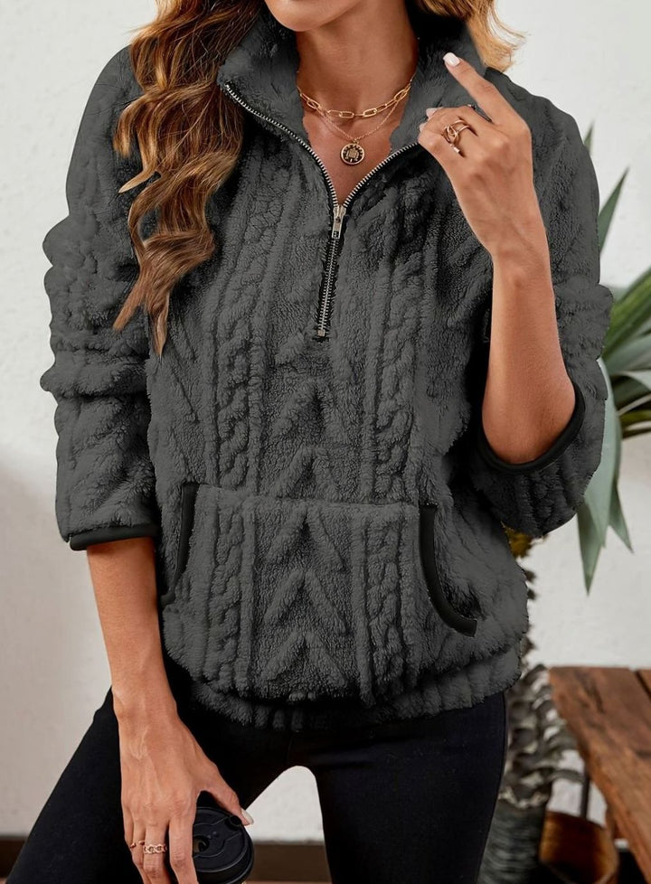 Women's Cozy Fleece Half-Zip Pullover Sweater Kangaroo Pocket