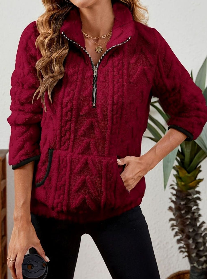 Women's Cozy Fleece Half-Zip Pullover Sweater Kangaroo Pocket