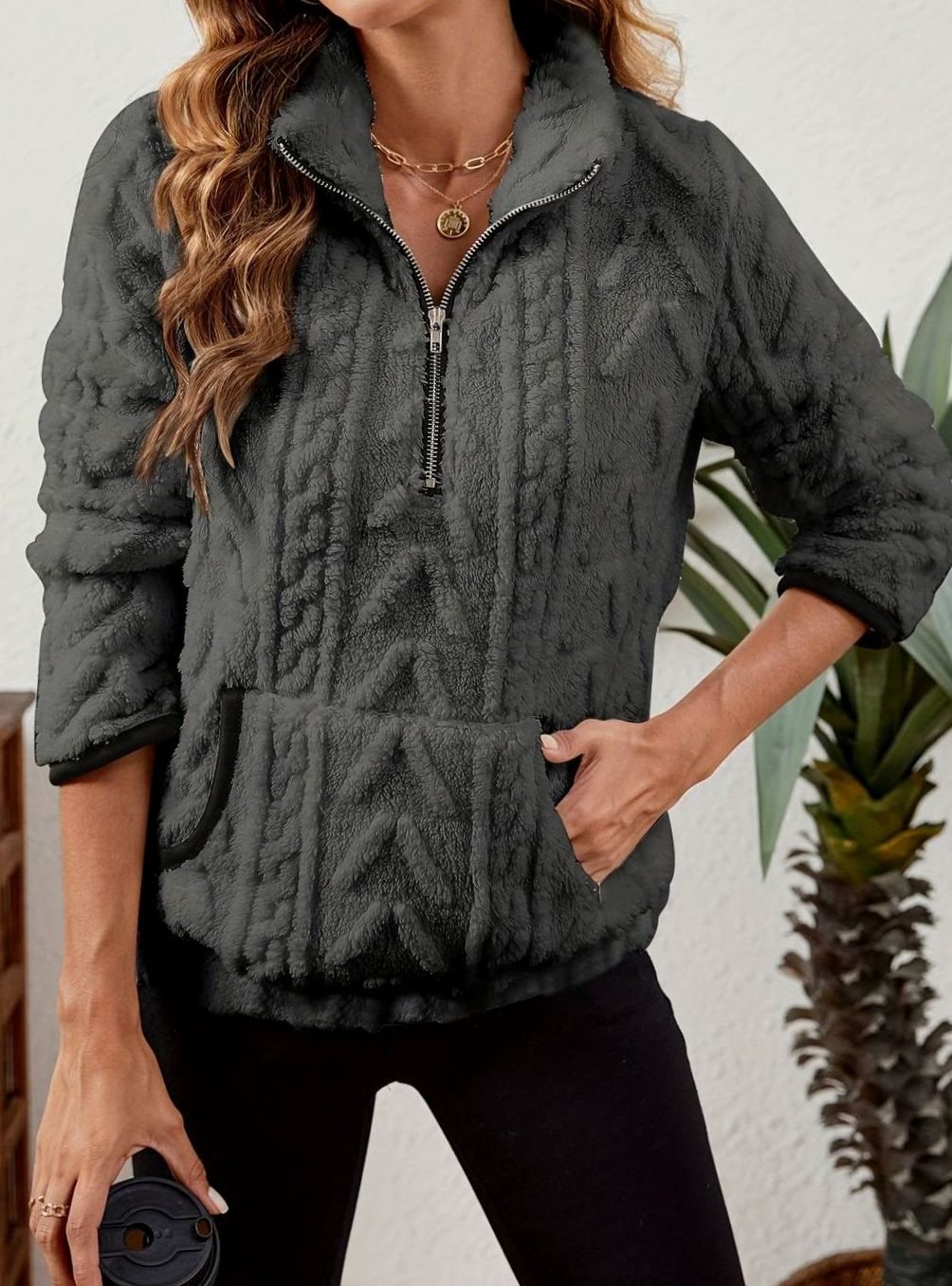 Women's Cozy Fleece Half-Zip Pullover Sweater Kangaroo Pocket