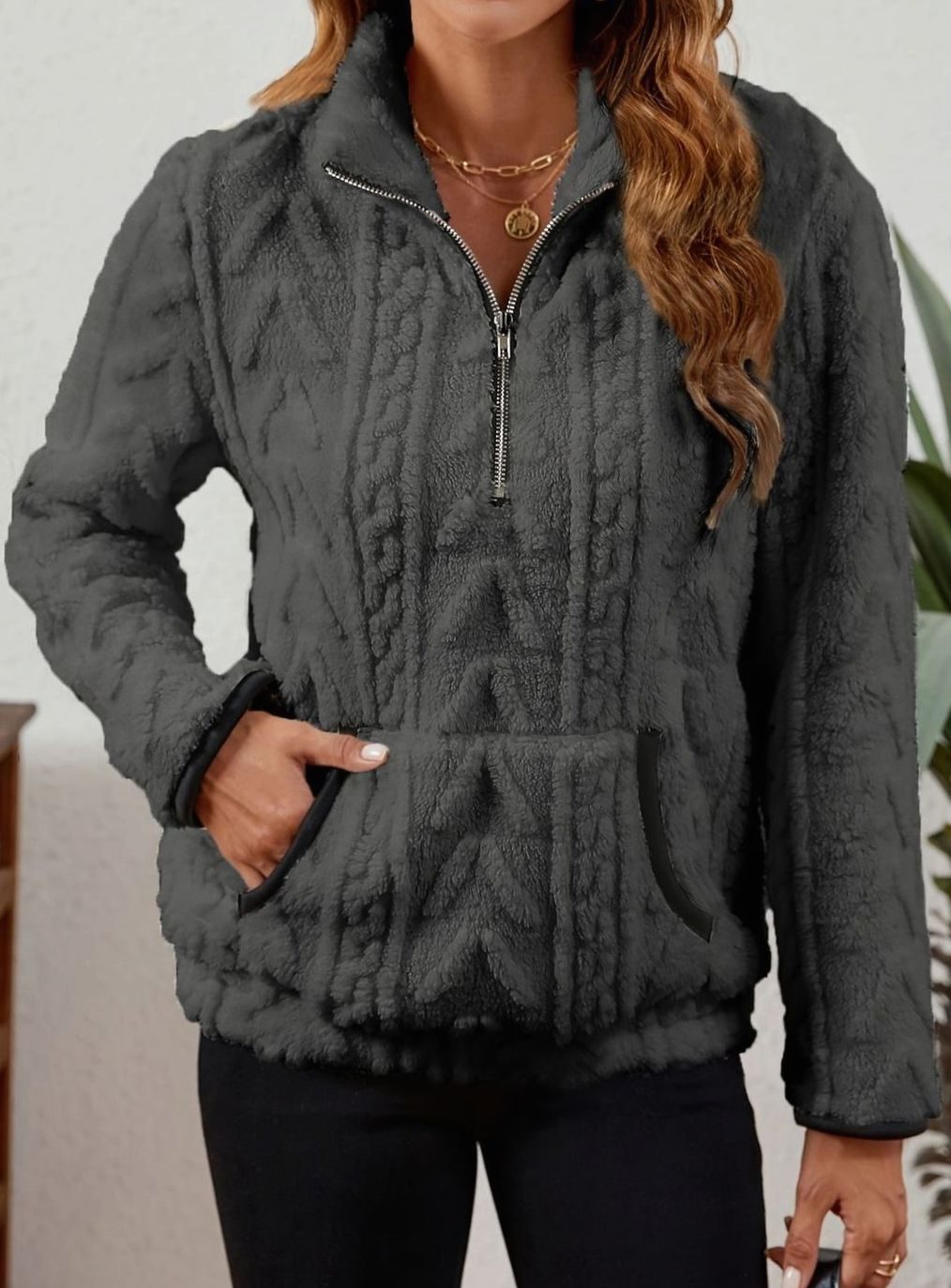 Women's Cozy Fleece Half-Zip Pullover Sweater Kangaroo Pocket