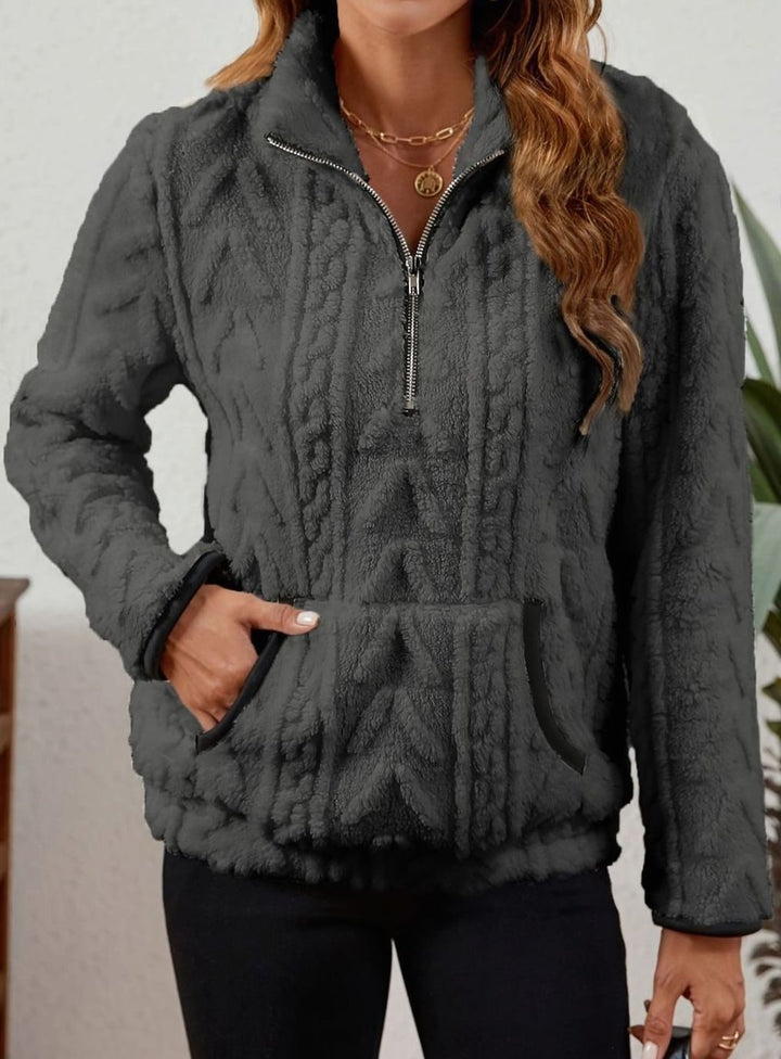 Women's Cozy Fleece Half-Zip Pullover Sweater Kangaroo Pocket