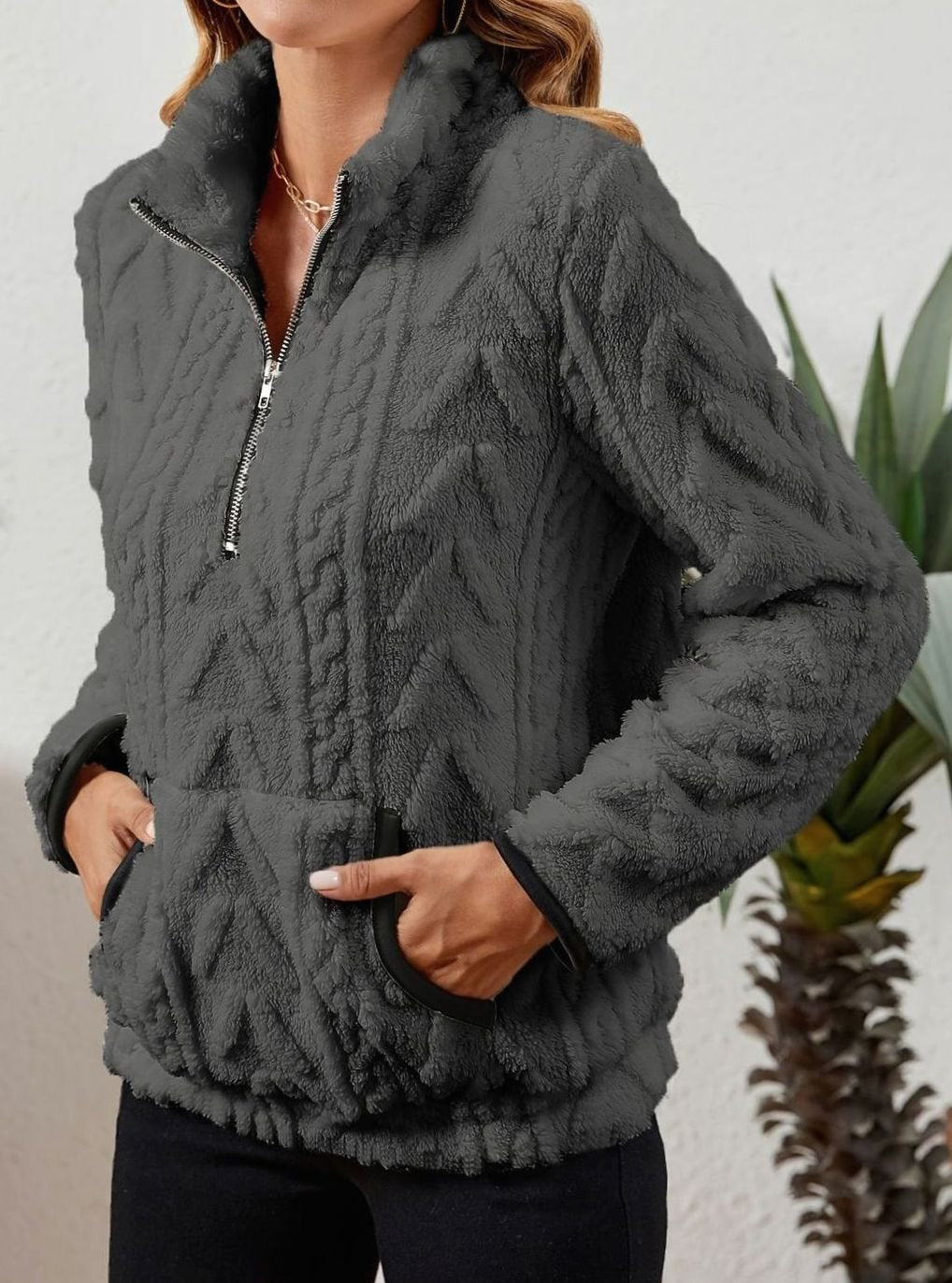 Women's Cozy Fleece Half-Zip Pullover Sweater Kangaroo Pocket