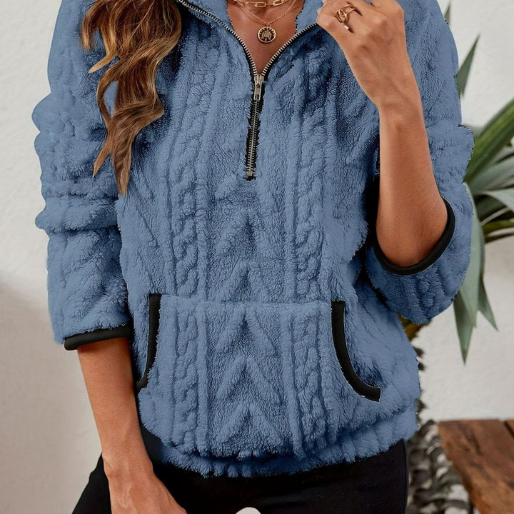Women's Cozy Fleece Half-Zip Pullover Sweater Kangaroo Pocket - Blue
