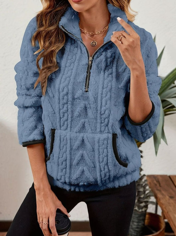 Women's Cozy Fleece Half-Zip Pullover Sweater Kangaroo Pocket