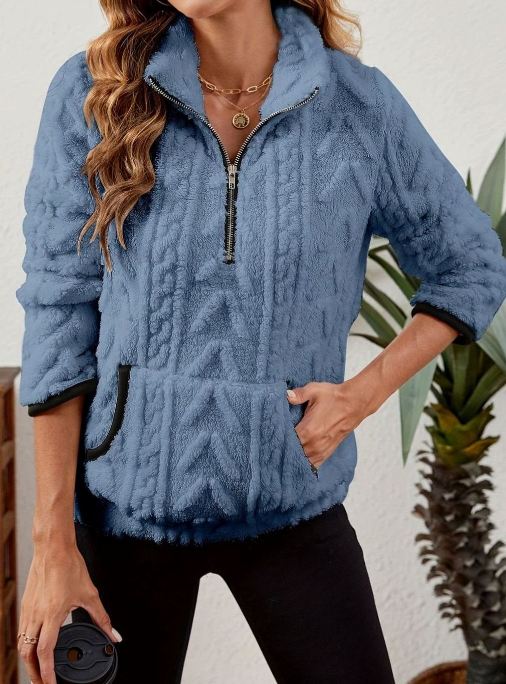 Women's Cozy Fleece Half-Zip Pullover Sweater Kangaroo Pocket