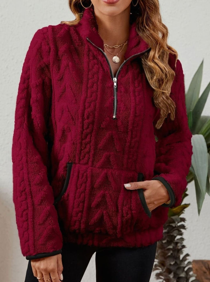 Women's Cozy Fleece Half-Zip Pullover Sweater Kangaroo Pocket